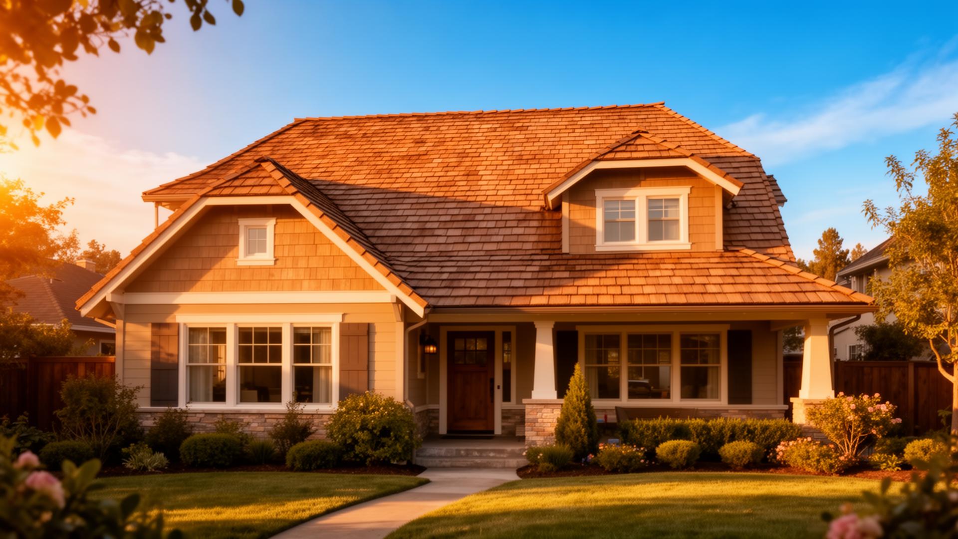 Craftsman home with a new roof and replacement windows at golden hour